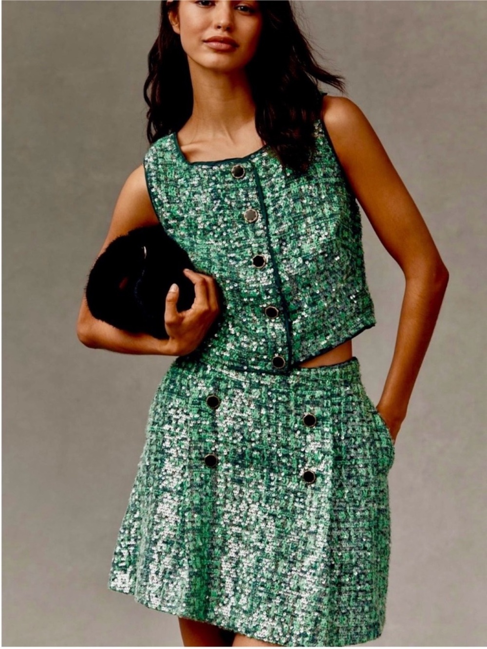NWT Maeve Green Sequin Tweed A-Line Skirt